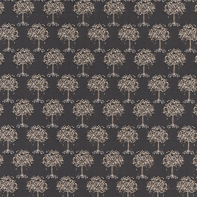Charcoal fabric with repeated small tree motifs in beige-grey
