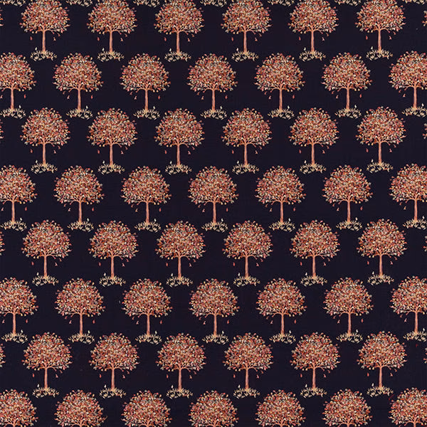 Navy fabric swatch with repeating stylised tree motif in pink and green