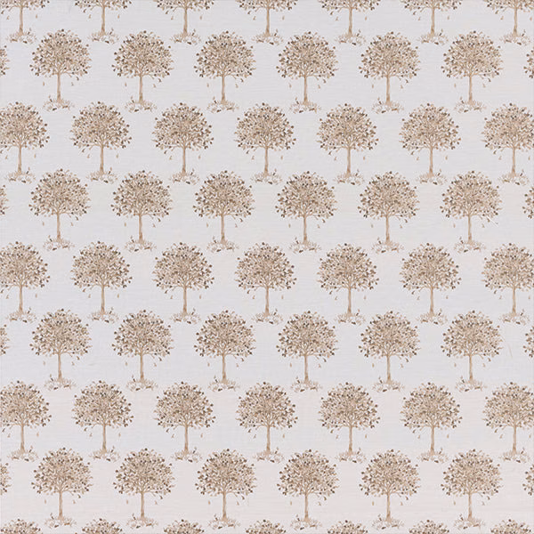 Repeating small tree motif in beige and taupe on a warm cream fabric ground