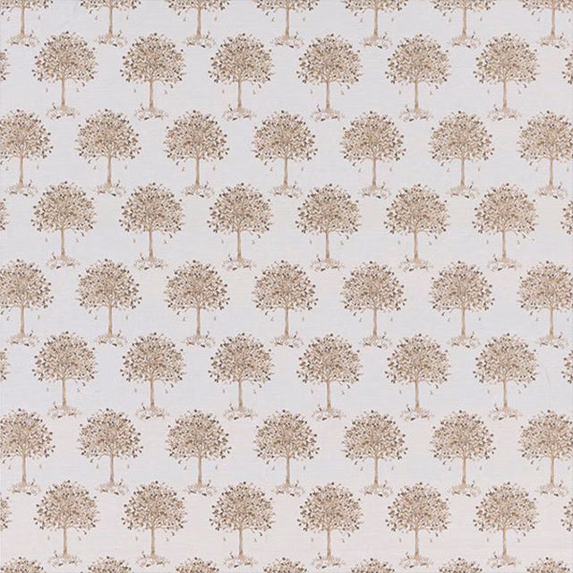 Repeating small tree motif in beige and taupe on a warm cream fabric ground