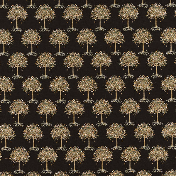 Black fabric with repeating small tree motif in muted gold and sage