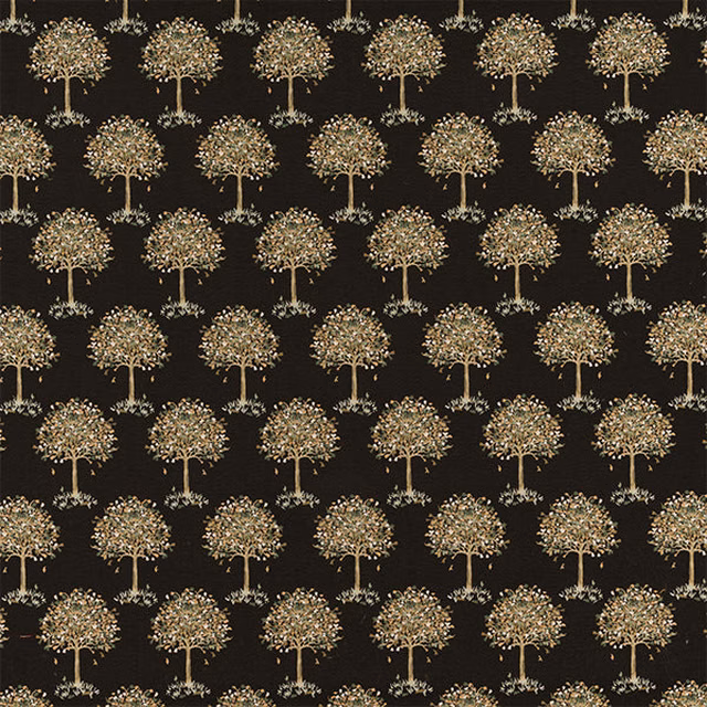 Black fabric with repeating small tree motif in muted gold and sage