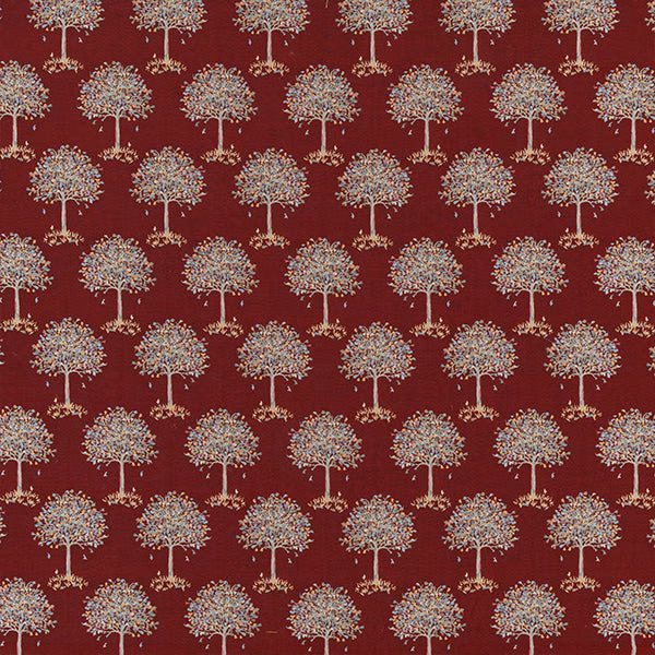 Burgundy patterned fabric with small tree motif and pale multicoloured details
