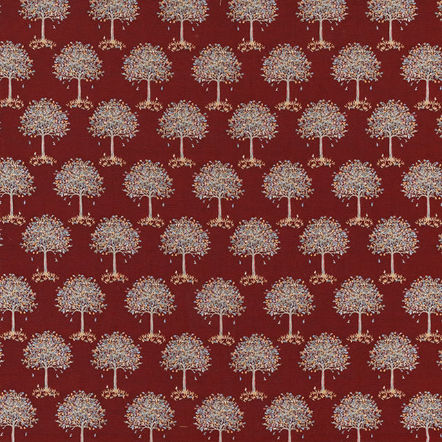 Burgundy patterned fabric with small tree motif and pale multicoloured details