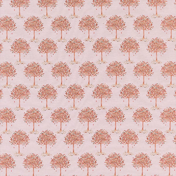 Repeated terracotta tree motif on a pale blush ground, with a soft printed finish