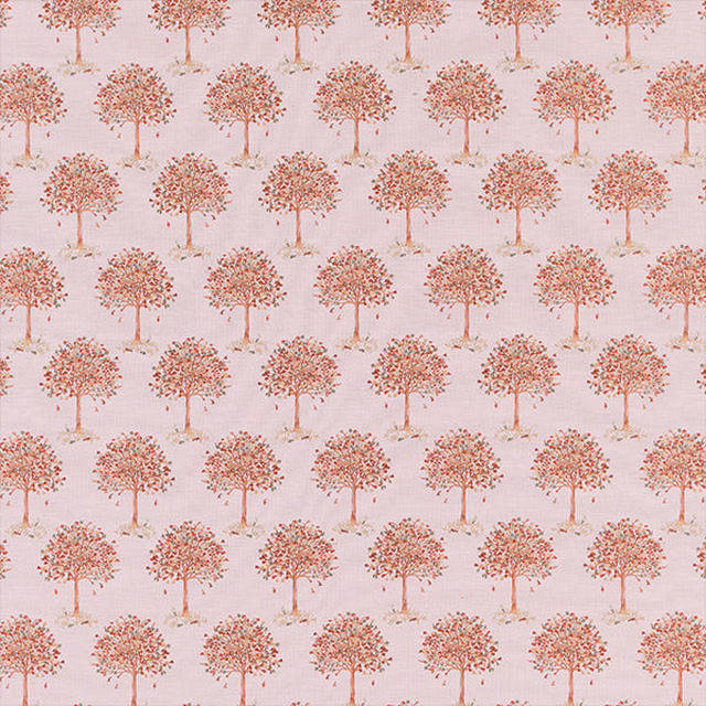 Repeated terracotta tree motif on a pale blush ground, with a soft printed finish
