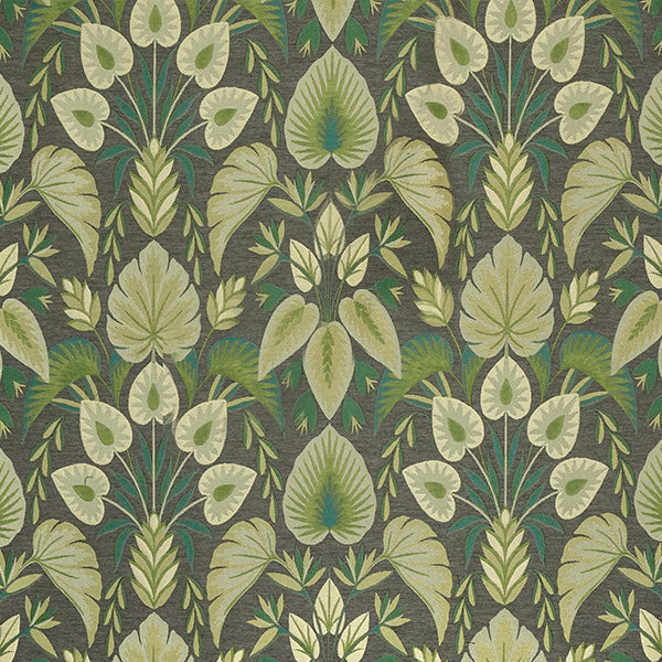 Large-scale botanical leaf pattern in emerald, sage and teal on a dark green ground