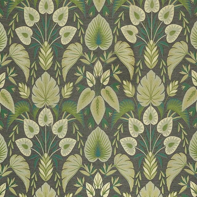 Large-scale botanical leaf pattern in emerald, sage and teal on a dark green ground