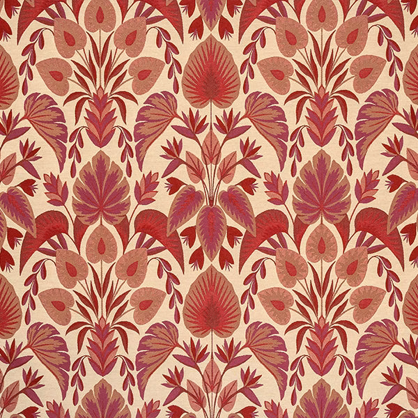 Ruby red and plum floral damask fabric on a warm cream ground