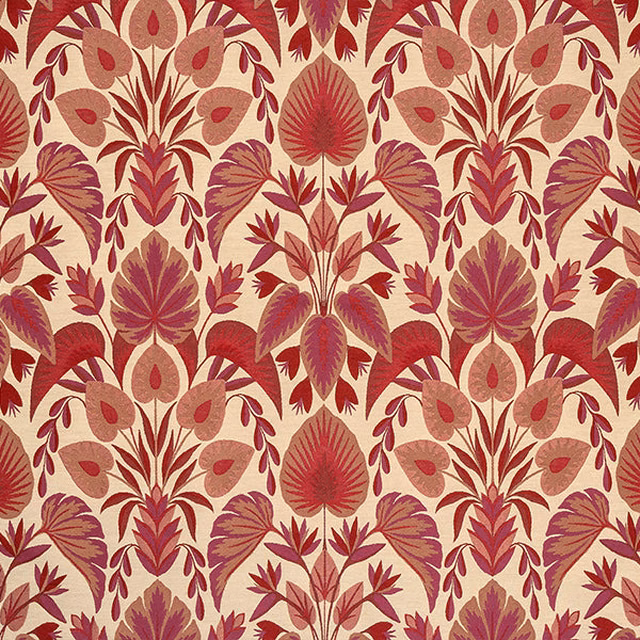 Ruby red and plum floral damask fabric on a warm cream ground