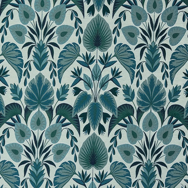 Large-scale teal and aqua botanical fabric on an ivory ground