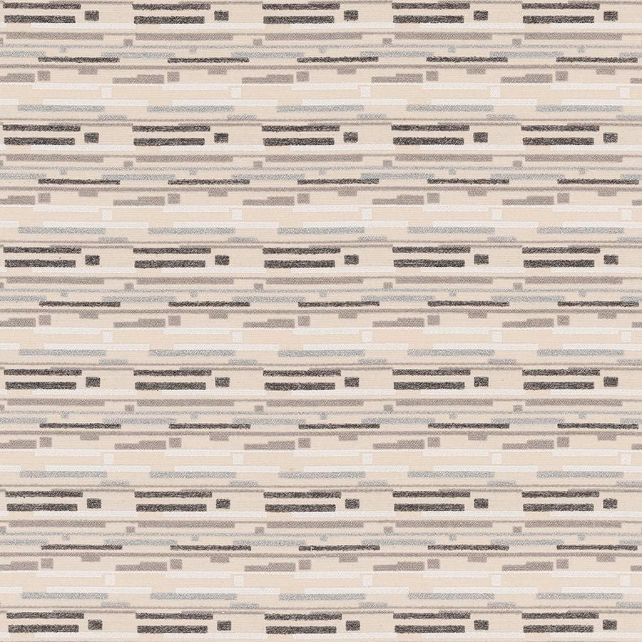 Cream and beige woven fabric with charcoal horizontal bars and small block motifs