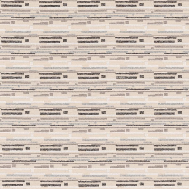 Cream and beige woven fabric with charcoal horizontal bars and small block motifs