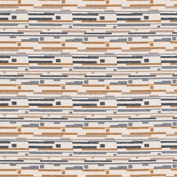 Woven geometric fabric with ochre, cream and blue-grey horizontal stripes