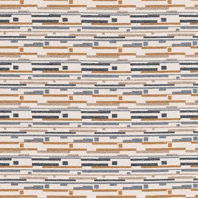 Woven geometric fabric with ochre, cream and blue-grey horizontal stripes