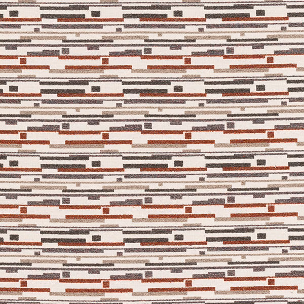 Cream woven fabric with small stepped stripes in spice red and charcoal