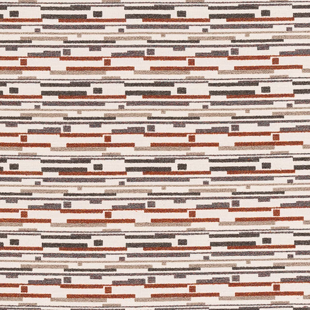 Cream woven fabric with small stepped stripes in spice red and charcoal