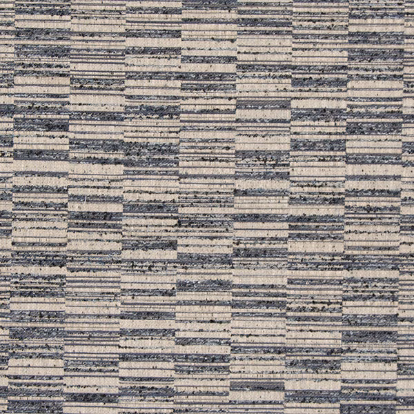 Woven indigo and stone striped fabric swatch with textured horizontal bands