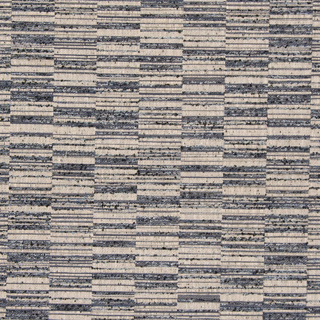 Woven indigo and stone striped fabric swatch with textured horizontal bands