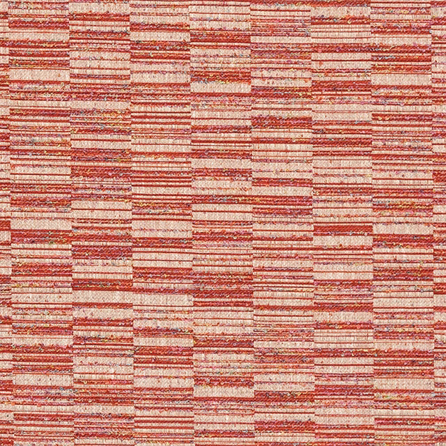 Close-up of terracotta red and cream textured woven stripe fabric