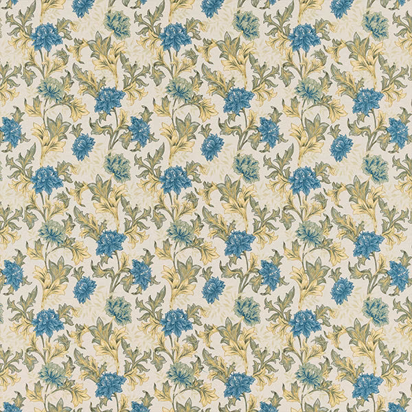 Blue floral fabric with pale yellow leaves on a cream ground
