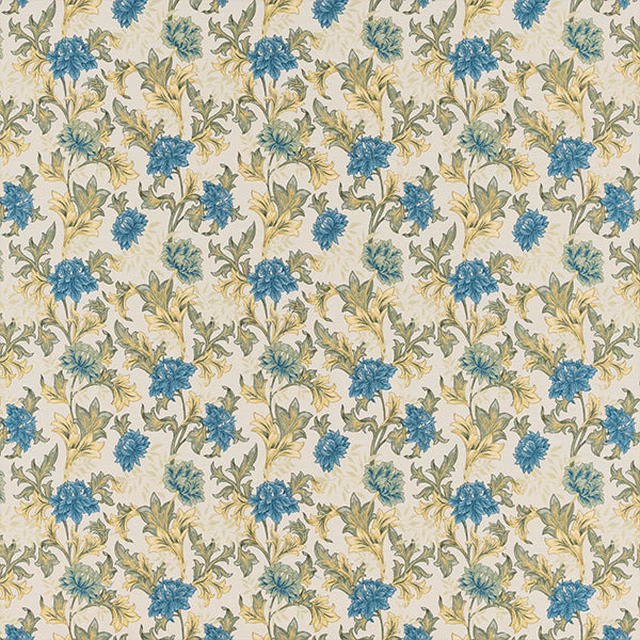 Blue floral fabric with pale yellow leaves on a cream ground