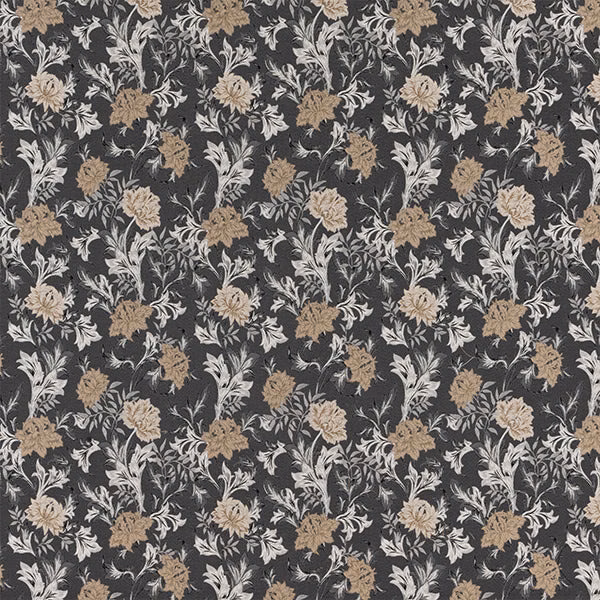 Charcoal floral fabric swatch with ivory and beige leaves and blossoms
