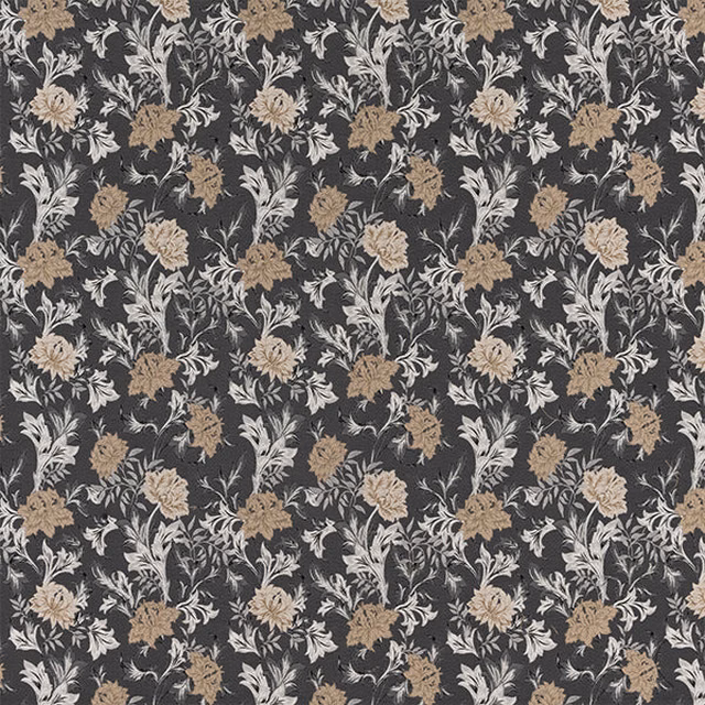 Charcoal floral fabric swatch with ivory and beige leaves and blossoms