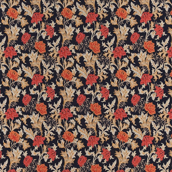 Dense coral floral pattern on a navy ground with cream leaf scrolls