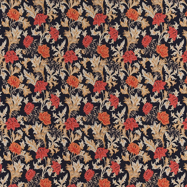 Dense coral floral pattern on a navy ground with cream leaf scrolls