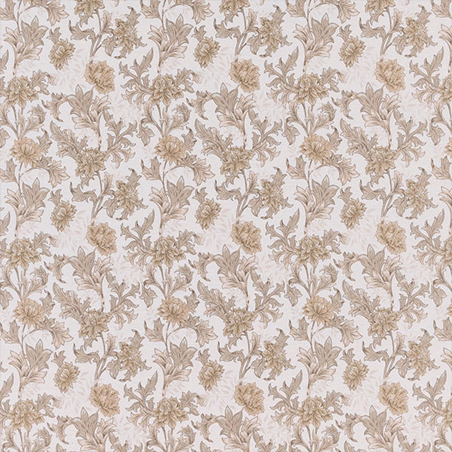 Soft beige floral fabric swatch with scrolling leaf and flower motif on a pale ground