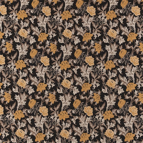 Black floral fabric with gold and taupe blossoms on a dark ground