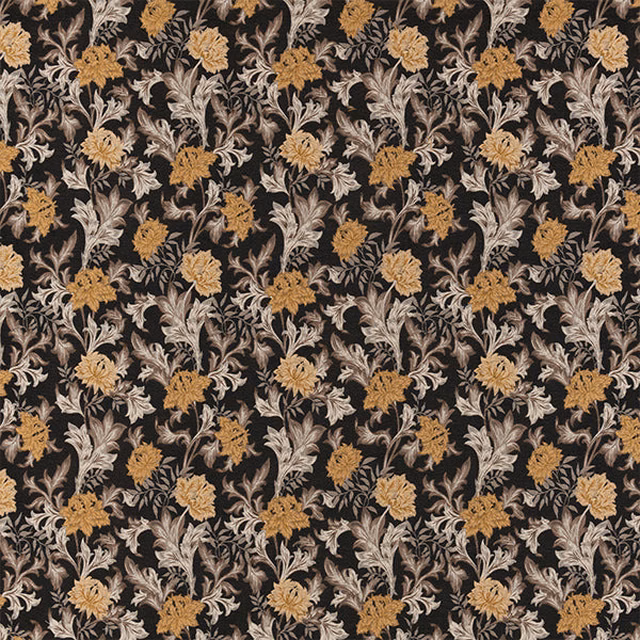 Black floral fabric with gold and taupe blossoms on a dark ground