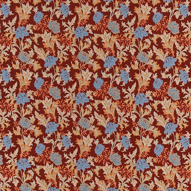 Deep red floral fabric with cream leaves and sky-blue flower clusters