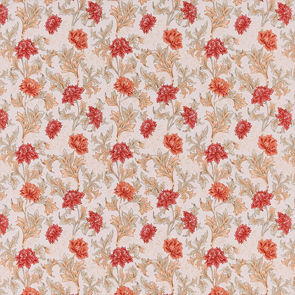 Repeating terracotta and coral floral print on a pale cream ground