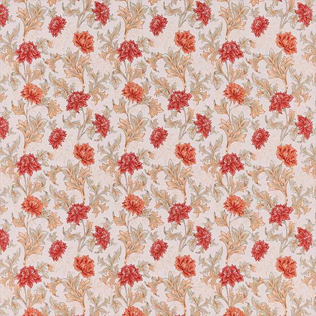 Repeating terracotta and coral floral print on a pale cream ground