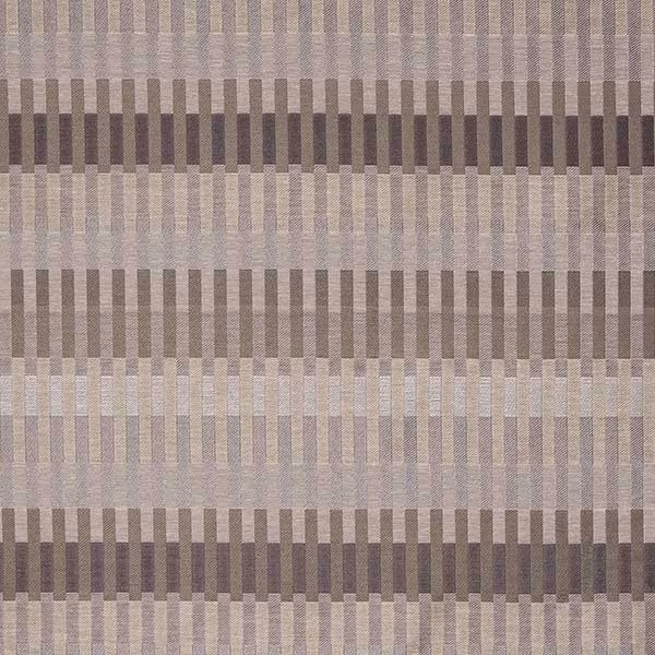 Taupe and dove-grey woven stripe fabric with a subtle geometric repeat