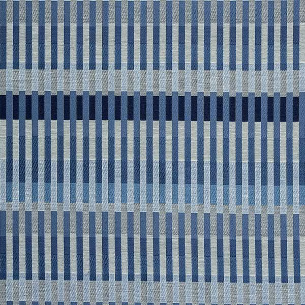 Blue and grey narrow vertical striped woven fabric swatch with textured finish