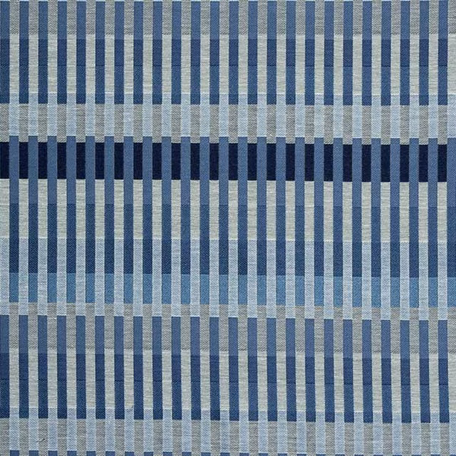 Blue and grey narrow vertical striped woven fabric swatch with textured finish