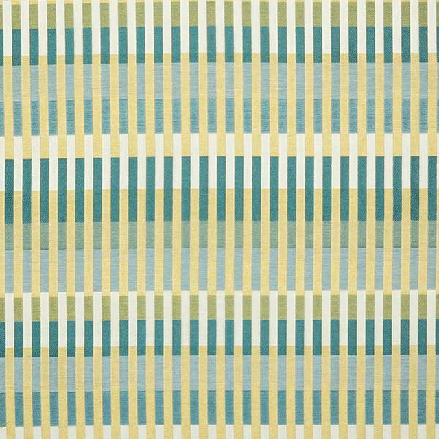 Close-up of vertical teal, cream and yellow woven stripe fabric