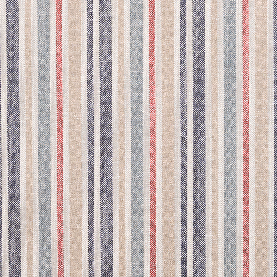 Cream striped fabric with blue-grey, navy and red vertical accents