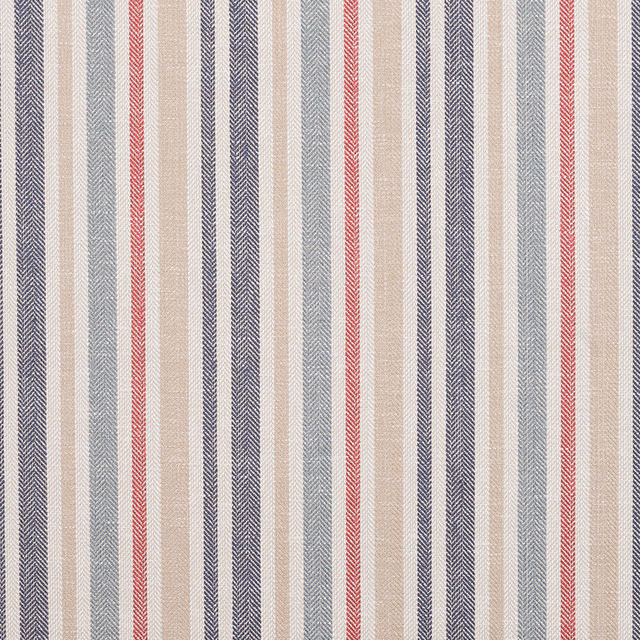 Cream striped fabric with blue-grey, navy and red vertical accents