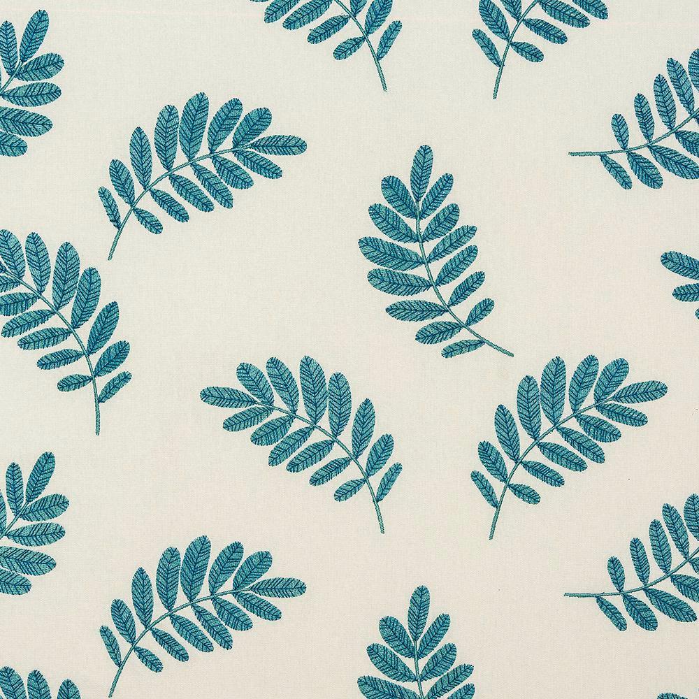 Cream fabric with scattered teal botanical leaf sprigs and fine lined detailing