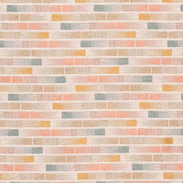 Textured geometric fabric in blush pink, sage green and ochre blocks on a pale ground