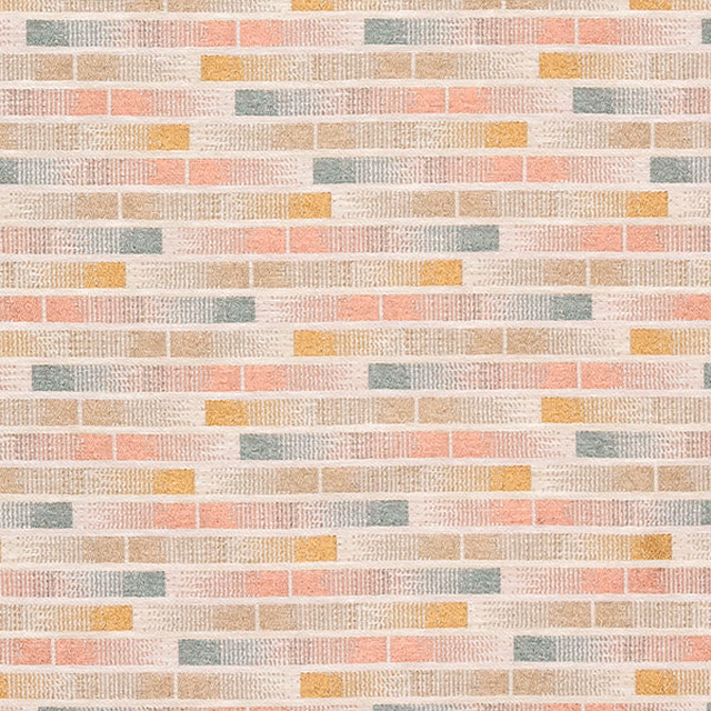 Textured geometric fabric in blush pink, sage green and ochre blocks on a pale ground