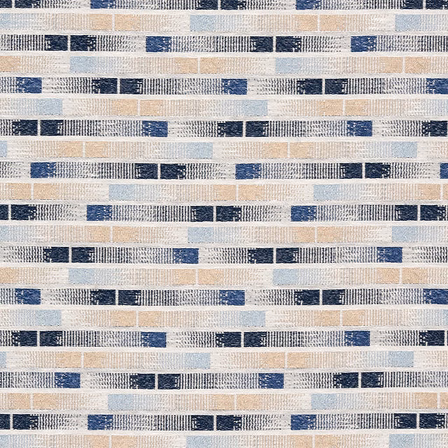 Woven indigo and pale blue striped fabric swatch with cream ground