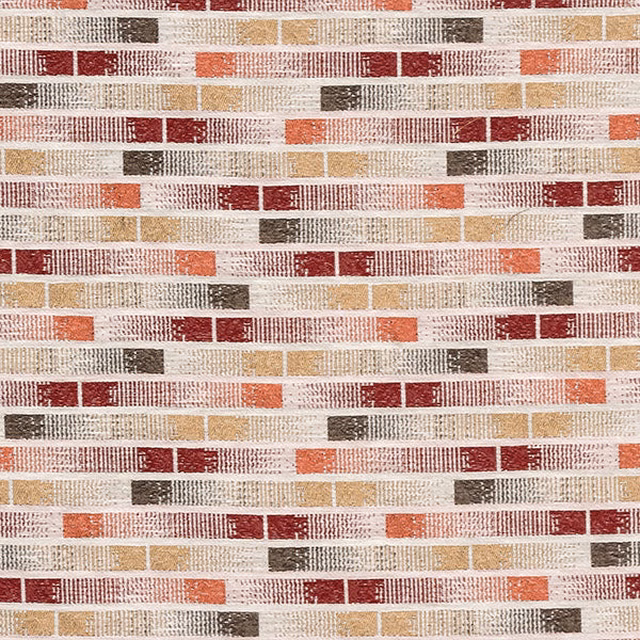 Close-up of woven stripe fabric with rust red, oatmeal and taupe blocks