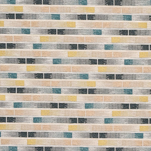Woven striped fabric with muted teal, cream, sand and grey blocks