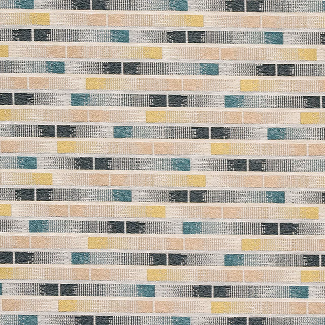 Woven striped fabric with muted teal, cream, sand and grey blocks