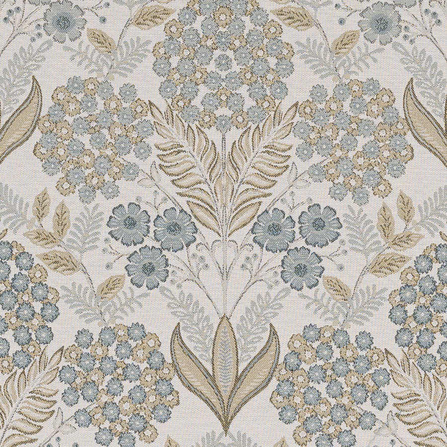 Close-up of a woven floral fabric in soft dove blue, beige and sage on a pale ground.